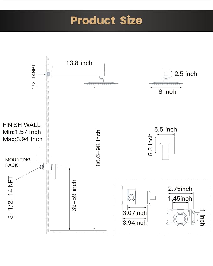 Airuida 8 Inch Brushed Nickel Shower Faucet Set,Shower Valve Kit | Rainfall Shower Head and Handle Set,Female Thread Rough-in Valve Shower Kit,Single Function Shower System