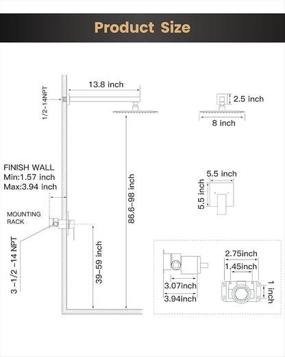 Airuida 8 Inch Brushed Gold Shower Faucet Set,Shower Valve Kit | Rainfall Shower Head and Handle Set,Female Thread Rough-in Valve Shower Kit,Single Function Shower System