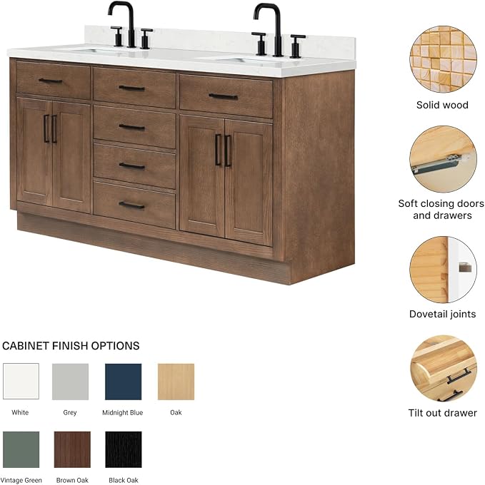 Isabella 66-Inch Brown Oak Double Bathroom Vanity with Sink, 1.5-Inch Edge Carrara White Quartz Countertop & 4" Backsplash, Soft-Closing Doors & Drawers, Solid Oak Wood Construction