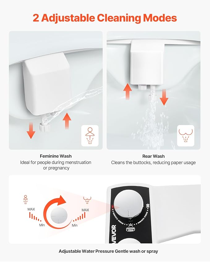 VEVOR Bidet Attachment for Toilet, Non-Electric Bidet Toilet Seat Attachment - Dual Retractable Nozzles, Adjustable Water Pressure, Easily Installed Cold Water Sprayer for Rear Feminine Wash, White