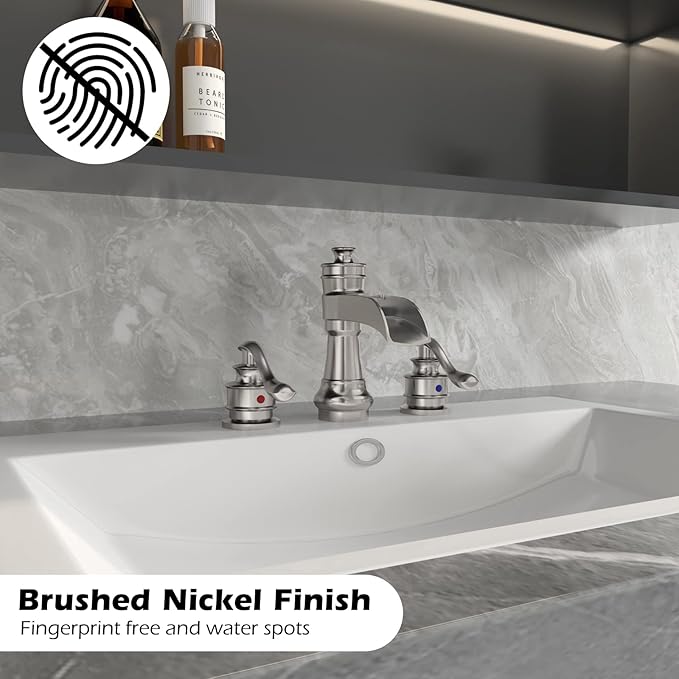 BWE 8 Inch Widespread Bathroom Faucet with Pop Up Drain with Overflow and Supply Line Waterfall 3 Holes Two-Handle Sink Faucets Brushed Nickel Lavatory Mixer Tap