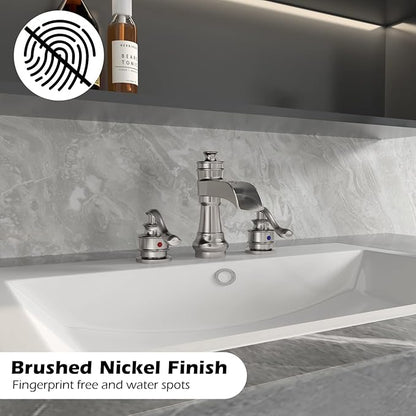 BWE 8 Inch Widespread Bathroom Faucet with Pop Up Drain with Overflow and Supply Line Waterfall 3 Holes Two-Handle Sink Faucets Brushed Nickel Lavatory Mixer Tap