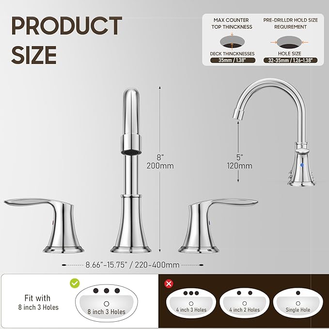 Phiestina Widespread 8 Inch 3 Holes Bathroom Faucet，2 Handles Chrome Modern Bathroom Sink Faucet with Metal Pop-Up Drain & Water Supply Lines, WFTY36-C