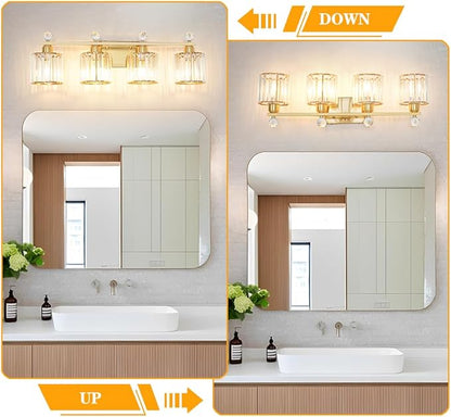 Modern Crystal Bathroom Vanity Light, 4-Lights Bathroom Light Fixtures, Brass Gold Vanity Lighting Fixtures Over Mirror, Brushed Wall Sconce Light for Bedroom, Kitchen, Living Room, Gallery, E26 Base