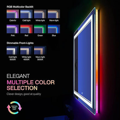 77x36 Inch RGB LED Bathroom Mirror with Lights | Front and RGB Backlit, Dimmable, Memory, Anti Fog, Shatterproof, Horizontal/Vertical, Lighted Mirrors for Bathroom Wall