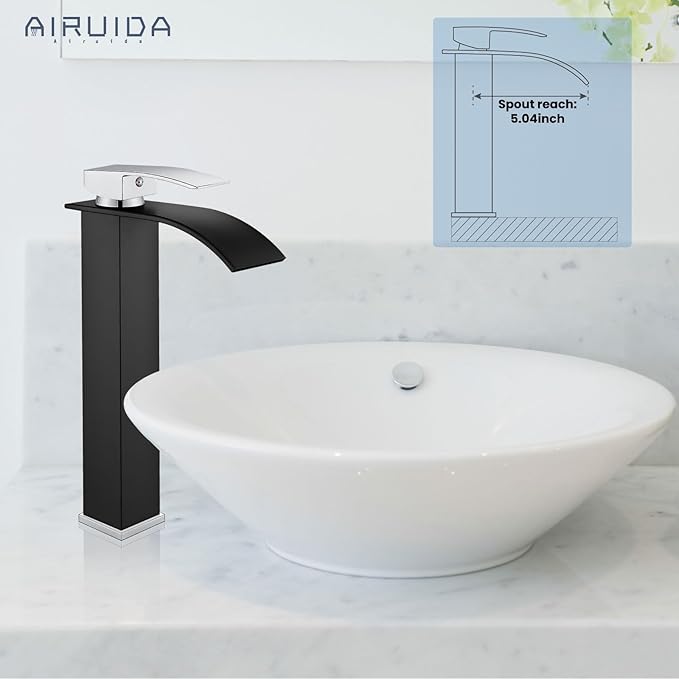 Airuida Tall Waterfall Spout Bathroom Faucet Matte Black&Chrome Polish Single Handle Vessel Sink Faucet One Hole Vanity Farmhouse Lavatory Washbasin Deck Mount Mixer Tap