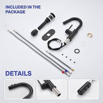 Bathroom Faucet with Sprayer, Matte Black Single Hole with Pop-Up Drain | Kablle Single Handle Pull Out 1 or 3 Hole Laundry Bar Basin Faucet with Deck Plate, KBL-7002B-CL