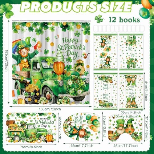 FuWeave 8 Pcs St. Patrick's Day Shower Curtain Sets for Bathroom Decor Shamrock Bathroom Accessories Irish Lucky Clover Green Shower Curtain Sets with Towels Carpet Bath Mat Toilet Rugs and 12 Hooks