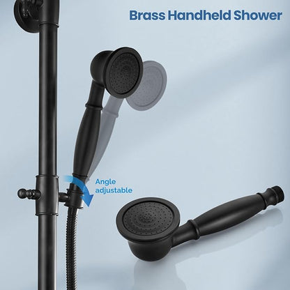Airuida Exposed Shower System, 8 Inch Rainfall Shower Head with Handheld Spray, Single Handle Wall Mount Shower Faucet Set, Solid Brass Dual Function Exposed Pipe Fixture for Bathroom,Matte Black