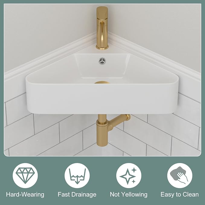 Corner Wall Mount Bathroom Sink | Beslend 21"x8" Inch White Ceramic Vessel Sink, Triangle Corner Sinks Art Basin with Overflow and Single Hole