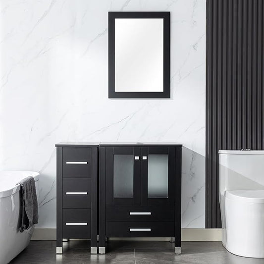 LUCKWIND 36" Bathroom Vanity Combo with Sink, 24"+12.6" Width, Painted Bathroom Storage Cabinet with 5 Drawers Cabinet Without Sink and Mirror, Black