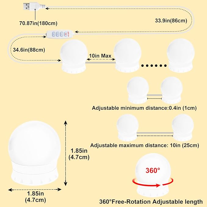 LED Vanity Mirror Lights 10, 3-Color Dimmable Stick-On Makeup Light USB | 3000K/4000K/6500K 3-Color, 10-Level Dimming, No-Drill Adhesive Mount, 5V USB Powered, Adjustable 0.4-10" Spacing, 10 Lights