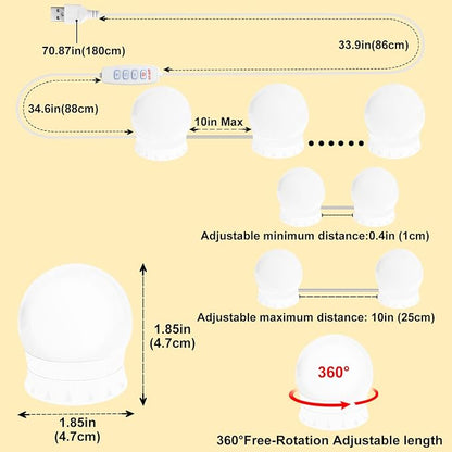 LED Vanity Mirror Lights 10, 3-Color Dimmable Stick-On Makeup Light USB | 3000K/4000K/6500K 3-Color, 10-Level Dimming, No-Drill Adhesive Mount, 5V USB Powered, Adjustable 0.4-10" Spacing, 10 Lights