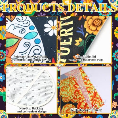 FuWeave 8 Pcs Day of the Dead Shower Curtain Set for Bathroom Decor, Mexican Sugar Skull & Floral Dia De Los Muertos Shower Curtain with Towels, Non Slip Bath Mat, Toilet Lid Cover and 12 Hooks