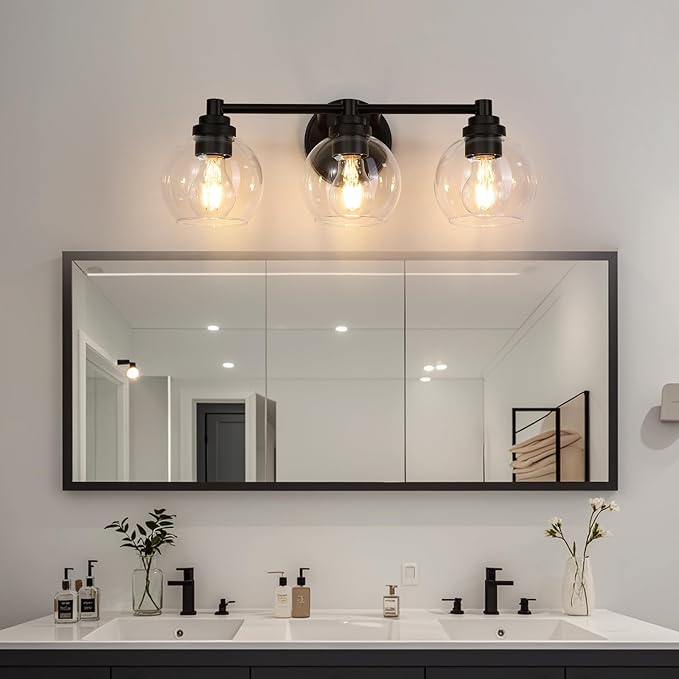 Upgrade Matte Black Bathroom Light Fixtures, Modern Vanity Light with Globe Glass Shade, 3-Light Bathroom Lights Over Mirror, Vanity Lights for Bathroom Bedroom Kitchen Hallway Living Room