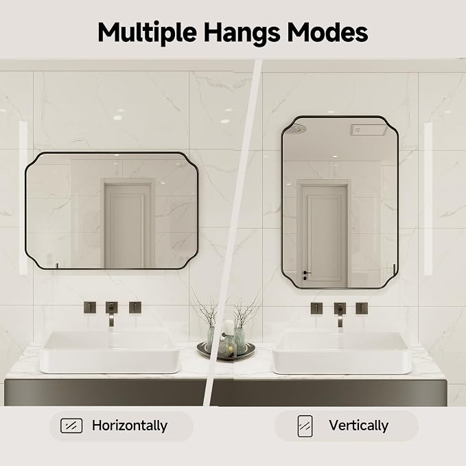 36"x24" Black Wall Bathroom Mirror, Scalloped Edge Vanity Mirror | Hangs Vertically/Horizontally, Wooden Frame Decorative Mirror, For Vanity, Bedroom & Entryway, Aesthetic Bathroom Decor