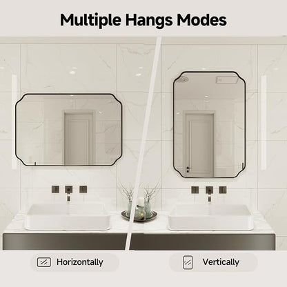 30"x22" Black Wall Bathroom Mirror, Scalloped Edge Vanity Mirror | Hangs Vertically/Horizontally, Wooden Frame Decorative Mirror, For Vanity, Bedroom & Entryway, Aesthetic Bathroom Decor