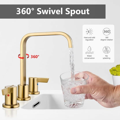 Brushed Gold Bathroom Faucet 3 Hole 8 Inch Widespread Waterfall | 2-Handle Vanity Faucet, Pop-Up Drain, Supply Lines, Adjustable 4- to 16-Inch Widespread Fit, 360° Swivel Spout
