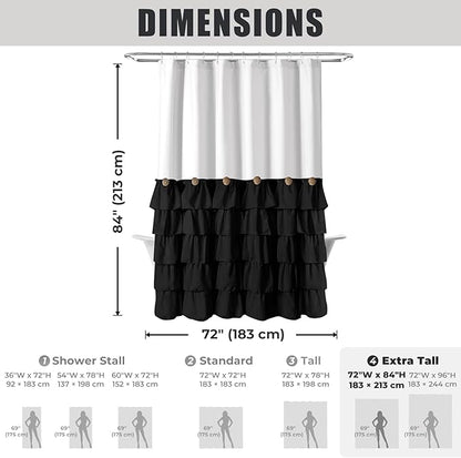 Seasonwood Black and White Farmhouse Shower Curtain 72 x 84 Black Ruffle Shower Curtain with Vintage Buttons, Rustic Decorative Fabric Shower Curtains