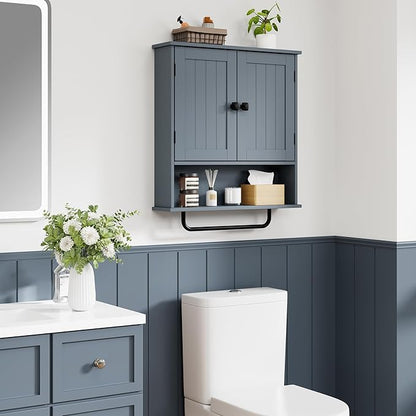 RRX Bathroom Cabinet Wall Mounted Medicine Cabinets with Towels Bar, Over The Toilet Storage Cabinet with 2 Doors and Adjustable Shelf, White Wall Cabinet for Bathroom Laundry Kitchen,Gray