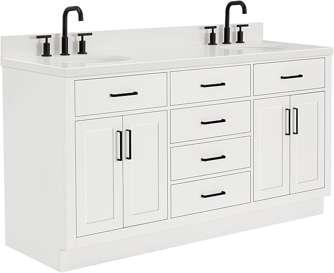 ARIEL Hepburn 66-inch Bathroom Vanity with Sink,Solid Wood, 1.5-inch Pure White Quartz Countertop & Backsplash, Double Oval Porcelain Sink, 4 Soft Closing Doors, 6 Dovetail Drawers, White