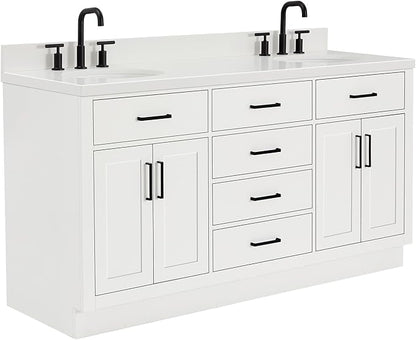 ARIEL Hepburn 66-inch Bathroom Vanity with Sink,Solid Wood, 1.5-inch Pure White Quartz Countertop & Backsplash, Double Oval Porcelain Sink, 4 Soft Closing Doors, 6 Dovetail Drawers, White