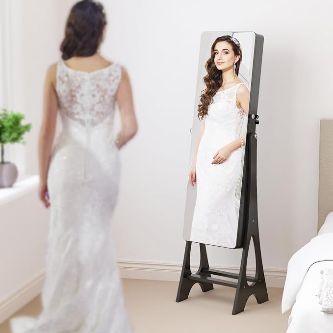 Standing Mirror Jewelry Cabinet Full Length Mirror Jewelry Armoire | JeJewelry Organizer Lockable Jewelry Storage for Women Girl Frameless LED Lights 6 Drawers Blac
