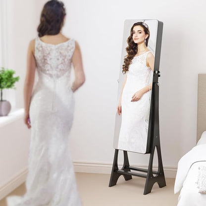 Standing Mirror Jewelry Cabinet Full Length Mirror Jewelry Armoire | JeJewelry Organizer Lockable Jewelry Storage for Women Girl Frameless LED Lights 6 Drawers Blac