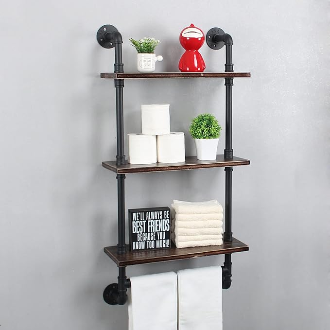 Industrial Pipe Shelf Bathroom Shelves Wall Mounted,19.6in Rustic Wood Shelf with Towel Bar,3 Tier Farmhouse Towel Rack Over Toilet,Pipe Shelving Floating Shelves Towel Holder,Retro Black