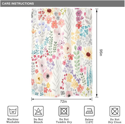 Extra Long Colorful Cute Floral Flowers Plants Bathroom Shower Curtain Set | 72"W x 96"H Botanical Girls; waterproof HD print, quick-dry fabric with 12 hooks for easy hanging.