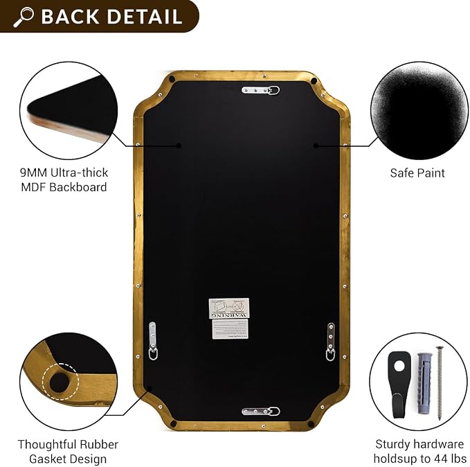 24"x48" Large Bathroom Mirror, Brushed Gold Rectangle Mirror, Scalloped Mirror for Bathroom in Anti-Rust Stainless Steel Metal Frame 1" Deep, Hangs Vertically/Horizontally