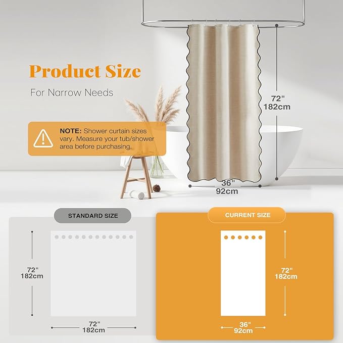 BTTN Boho Stall Shower Curtain, 36×72 Small Scalloped Linen Textured Heavy Duty Fabric Shower Curtain Set with 6 Hooks, Narrow Vintage Rustic Waterproof Cloth Shower Curtains for Bathroom, Beige/Cream