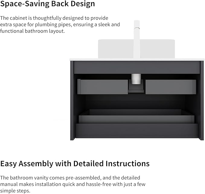 Yayzy 36" Floating Bathroom Vanity with Sink, Solid Wood Fluted Cabinet, White Round Ceramic Basin & Faux Marble Top, Soft-Close Drawer, Pre-Assembled, Gloss Black