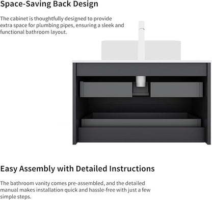 Yayzy 36" Floating Bathroom Vanity with Sink, Solid Wood Fluted Cabinet, White Round Ceramic Basin & Faux Marble Top, Soft-Close Drawer, Pre-Assembled, Gloss Black