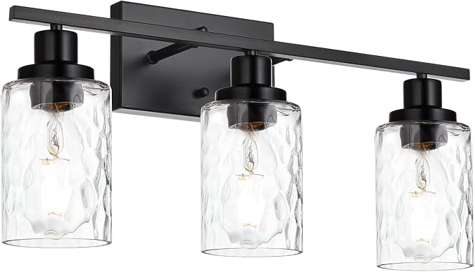 MELUCEE 3-Light Bathroom Light Fixtures Black Finish with Hammered Glass | Vanity Lights Over Mirror Industrial Wall Light Fixture Suitable for Living Room Porch Kitchen (Patent No.: US D963914 S)