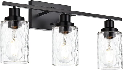 MELUCEE 3-Light Bathroom Light Fixtures Black Finish with Hammered Glass | Vanity Lights Over Mirror Industrial Wall Light Fixture Suitable for Living Room Porch Kitchen (Patent No.: US D963914 S)
