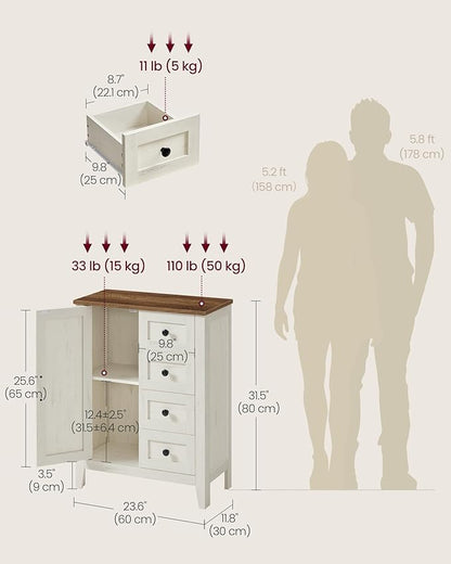 VASAGLE LIRY Collection - Storage Cabinet, Farmhouse Bathroom Floor Cabinet with 4 Drawers, Freestanding Storage Organizer, Barn Door, Adjustable Shelf, Rustic White, UBBK753W01