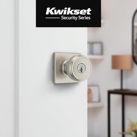 Kwikset Maven Entry Door Knob with Lock and Key, Secure Keyed Handle Exterior, Front Entrance and Bedroom, Satin Nickel, 4 Pack, Pick Resistant SmartKey Rekey Security and Microban