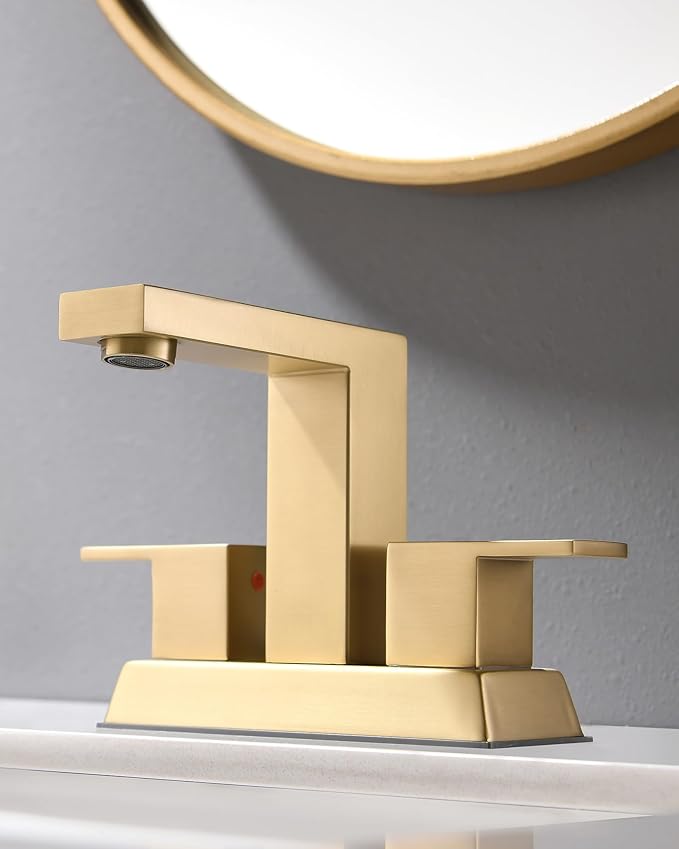 Tohlar Brushed Gold 2 Handle 4 Inch Centerset Bathroom Faucet with Pop Up Drain and 2 Lead-Free Hoses