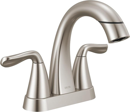 Delta Arvo Centerset Brushed Nickel Bathroom Faucet with Sprayer, 4 Inch 3 Hole Bathroom Sink Faucet with Pull Out Sprayer, Push-Pop Drain, SpotShield Brushed Nickel 25840LF-SPPD