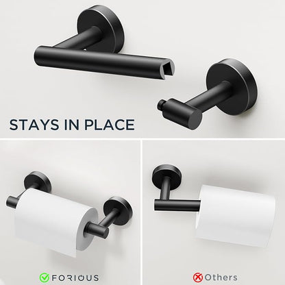 FORIOUS Bathroom Accessories, 4-Piece Bathroom Hardware Set - 24" Towel Bar | Matte Black | Towel Hooks, Towel Racks for Bathroom, Toilet Paper Holder Wall Mounted & Towel Ring | SUS304 Stainless Steel