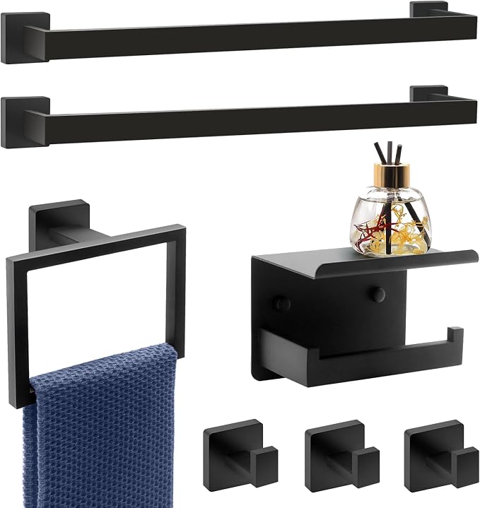 Dorudon atrox Matte Black Bathroom Hardware Set Towel Bar Set Black Bathroom Hardware Accessories Set with Towel Bars, Stainless Steel Wall Mounted Bathroom Towel Rack Set Square