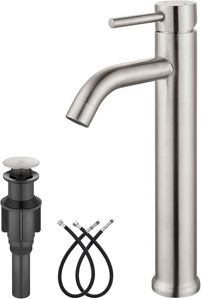 Aolemi Vessel Sink Faucet – SUS304 Stainless Steel Tall Bathroom Faucet,Single Lever Handle,1 Hole Bathroom Faucets with Supply Lines and Pop Up Drain,Brushed Nickel