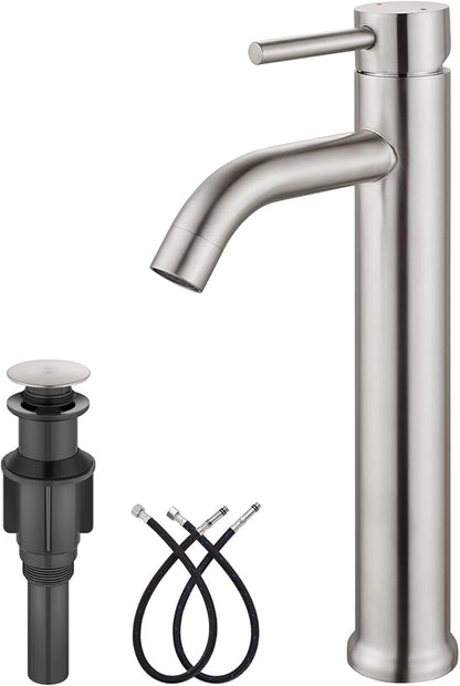 Aolemi Vessel Sink Faucet – SUS304 Stainless Steel Tall Bathroom Faucet,Single Lever Handle,1 Hole Bathroom Faucets with Supply Lines and Pop Up Drain,Brushed Nickel
