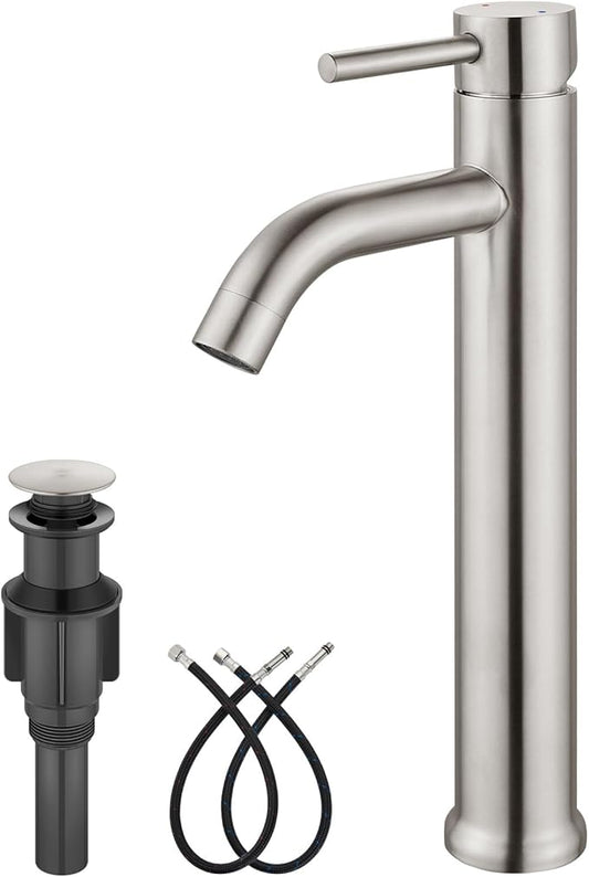 Aolemi Vessel Sink Faucet – SUS304 Stainless Steel Tall Bathroom Faucet,Single Lever Handle,1 Hole Bathroom Faucets with Supply Lines and Pop Up Drain,Brushed Nickel