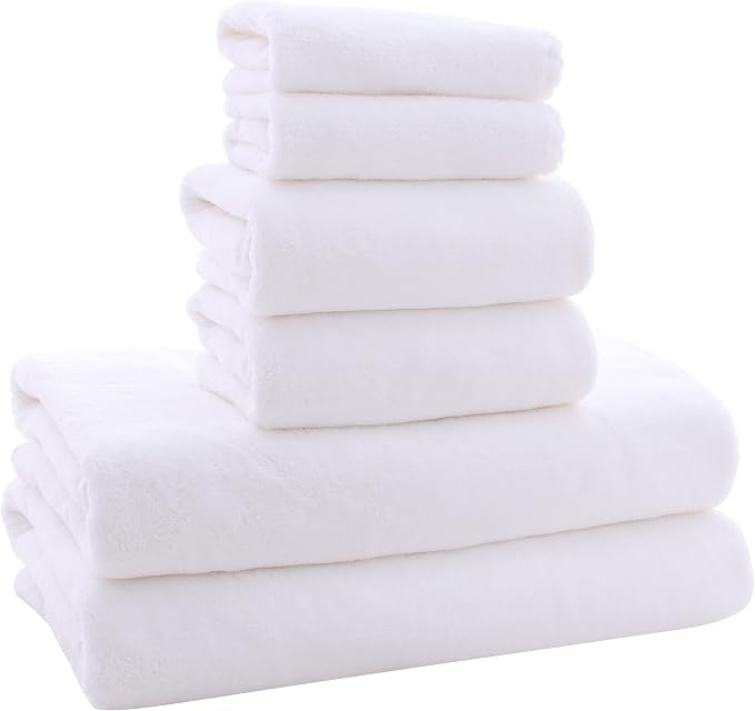 MOONQUEEN Ultra Soft Towel Set - Quick Drying - 2 Bath Towels 2 Hand Towels 2 Washcloths - Microfiber Coral Velvet Highly Absorbent Towel for Bath Fitness, Sports, Yoga, Travel (White, 6 Pieces)