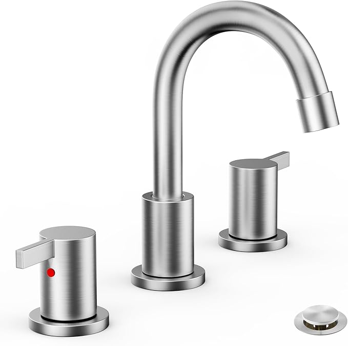 Phiestina 3 Hole 8 Inch 2 Handle Widespread Bathroom Faucet with Metal Pop-Up Drain, Brushed Nickel, WF015-1-BN