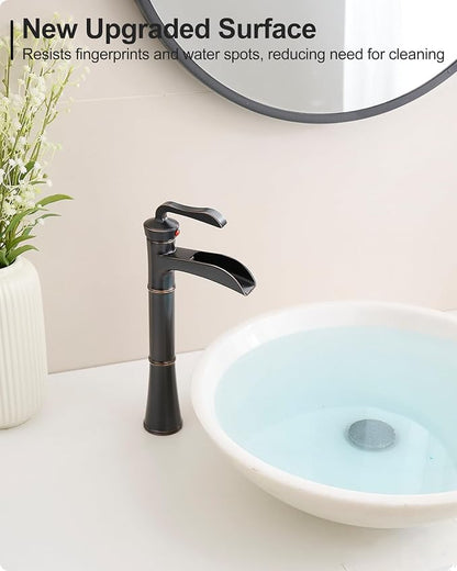 Tall Vessel Sink Faucet, Oil Rubbed Bronze Bathroom Faucet Waterfall Bathroom Faucets One Hole, Brass Bathroom Sink Faucet Single Handle with Pop-Up Drain & Water Hoses, 5 Mins Install