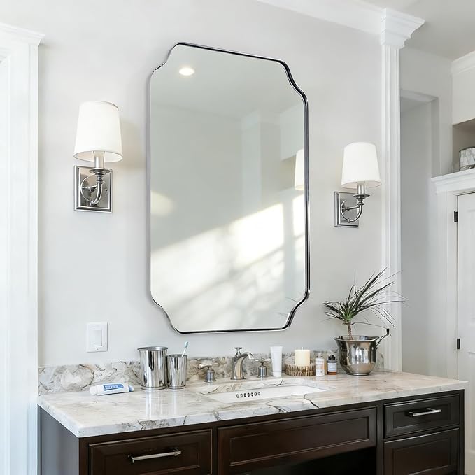 Chrome Scalloped Mirror, 24x40 Inch Polished Silver Rectangle Mirror, Modern Bathroom Vanity Mirror with Rust-Proof Stainless Steel 1" Frame, Hangs Vertically/Horizontally