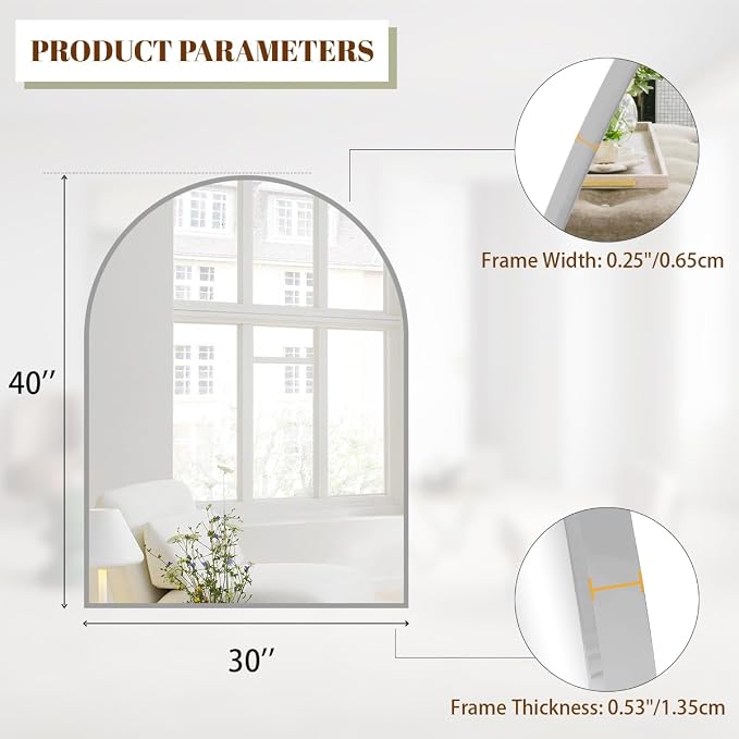 BEAUTYPEAK 30"x40" Arch Bathroom Wall Mirror, Silver | Wall Mounted Vanity Metal Frame Mirror for Bedroom, Entryway, Living Room, Fireplace